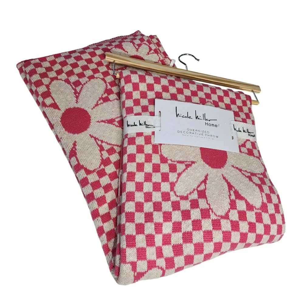 Nicole Miller Cotton‎ Throw Blanket Decorative Oversize Floral And Check 50x70in